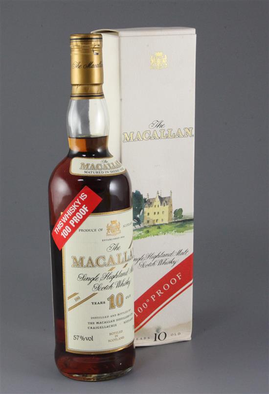 One Macallan 10 Years Old, Craigellachie, matured in sherry wood, 70cl, 57% volume with 100% proof red label, boxed (box a.f).